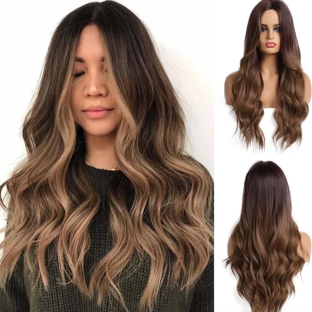24 Inches Long Ombre Brown Wigs for Women Natural Synthetic Hair